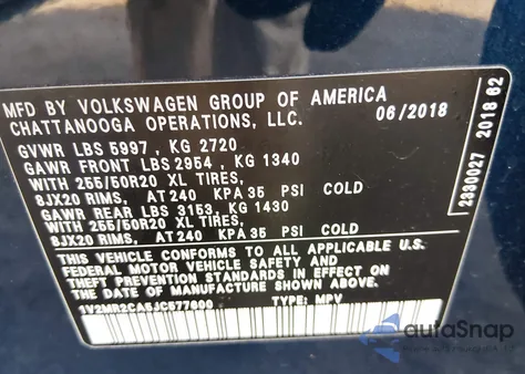 2018 Volkswagen Atlas 3.6L V6 Sel z USA, uszkodzony, nr VIN 1V2MR2CA5JC577600